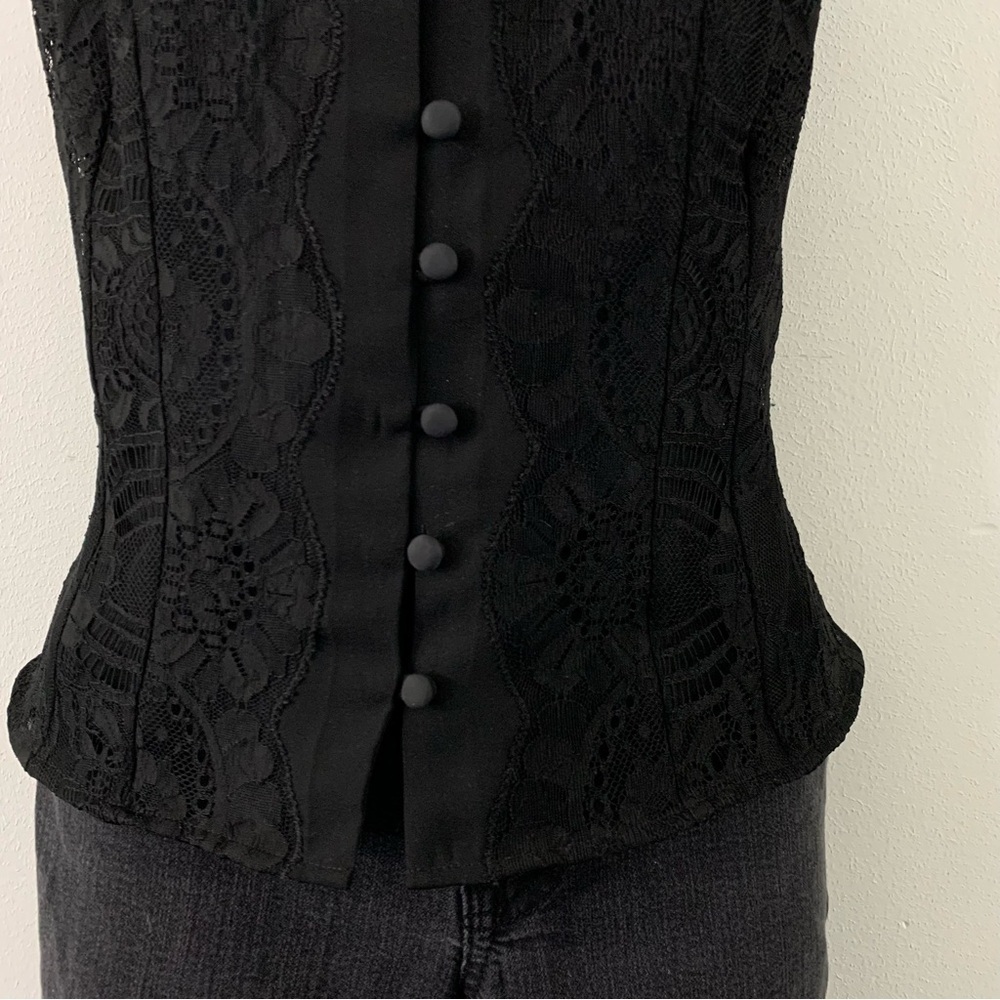 Goth Dark Academia Steampunk Pirate Black Lace Collared Sleeveless Waistcoat - Picture 7 of 15